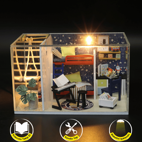 Uzay temalı minyatür maket, ışıklandırmalı ve dekoratif kendin yap seti.